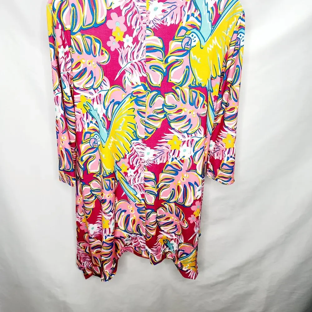 Women's Medium Pink Tropical Print Tunic Top 3/4 Sleeve Resort Wear Bold Print - Picture 12 of 13